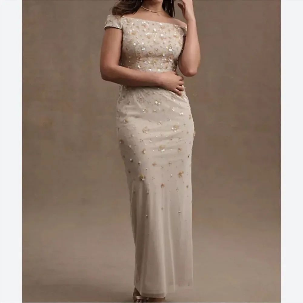BHLDN Rosie Off-Shoulder Beaded Back-Slit
Column Gown